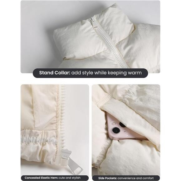 Womens Cropped Puffer Vest Zip Up Beige - Picture 2 of 6